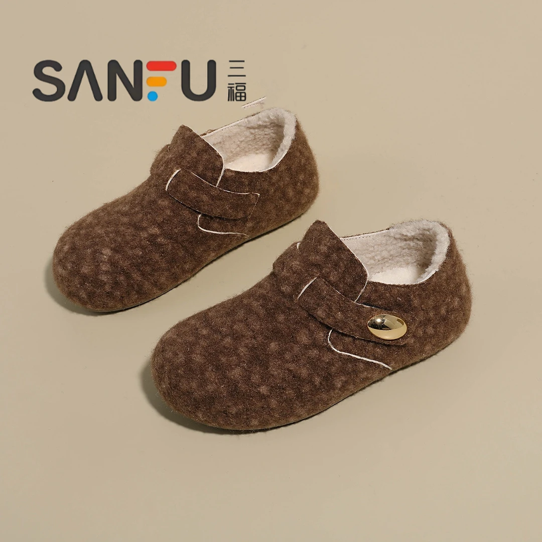 三福新款厚底全包勃肯鞋女2025秋冬内增高加绒保暖软底毛毛鞋单鞋