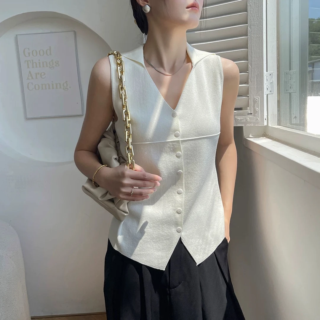 法式复古polo翻领收腰显瘦针织通勤背心小衫#2219