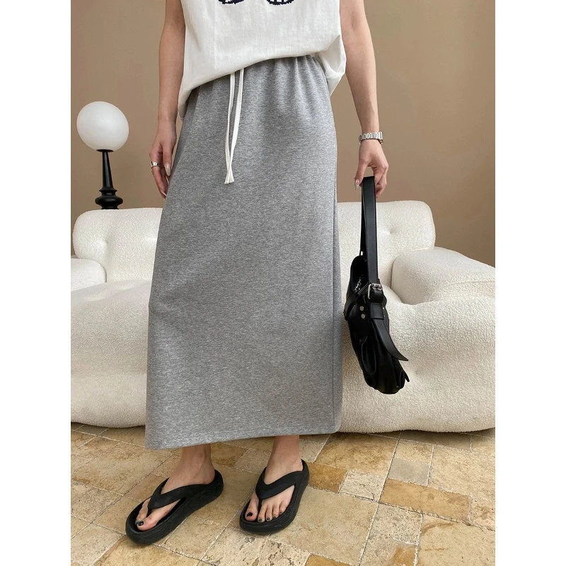 松弛日常 拼色腰头抽绳松紧高腰休闲直筒卫裙半身裙