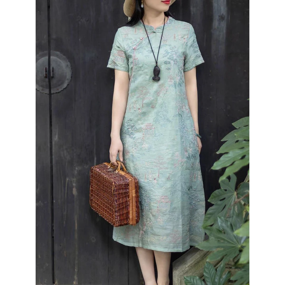 哥弟阿玛施正品新中式国风苎嘛改良旗袍裙女夏季气质薄款高端重工