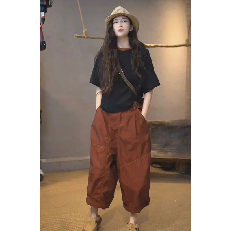 欧洲站2025夏季新款洋气百搭圆领T恤女时尚高腰纯色阔腿裤