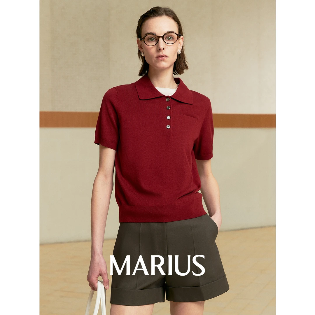 MARIUS“高尔夫”短袖小翻领套衫毛衣时尚休闲百搭不规则针织衫