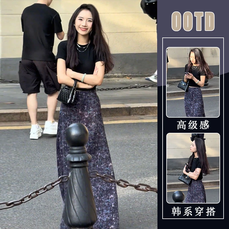 轻熟风一整套穿搭女2025夏装新款圆领露背短袖T恤高腰半身裙套装