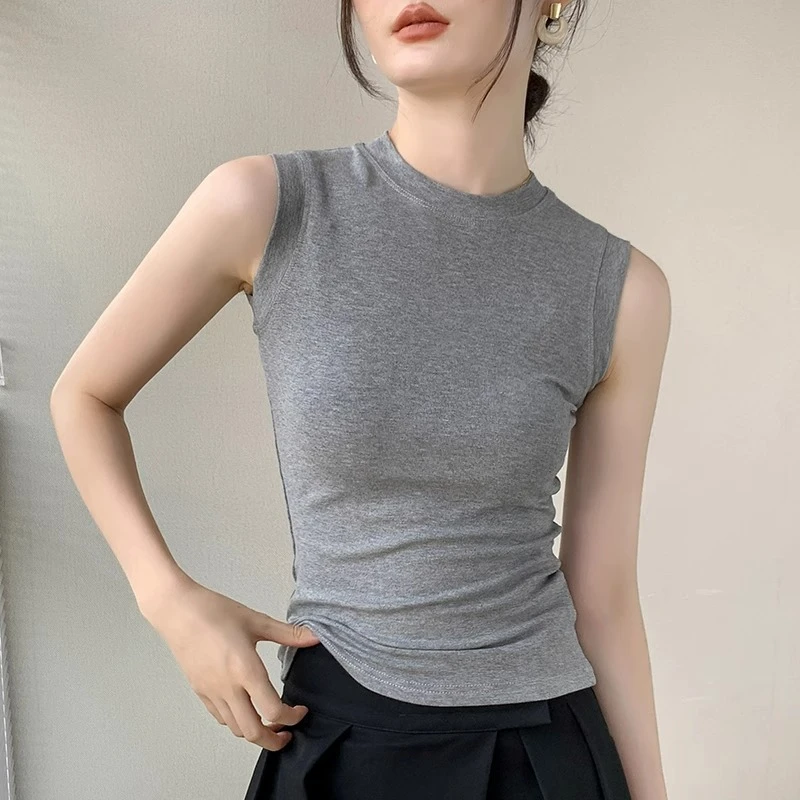灰色背心打底衫女2025夏季圆领修身无袖T恤遮副乳西装内搭上衣薄