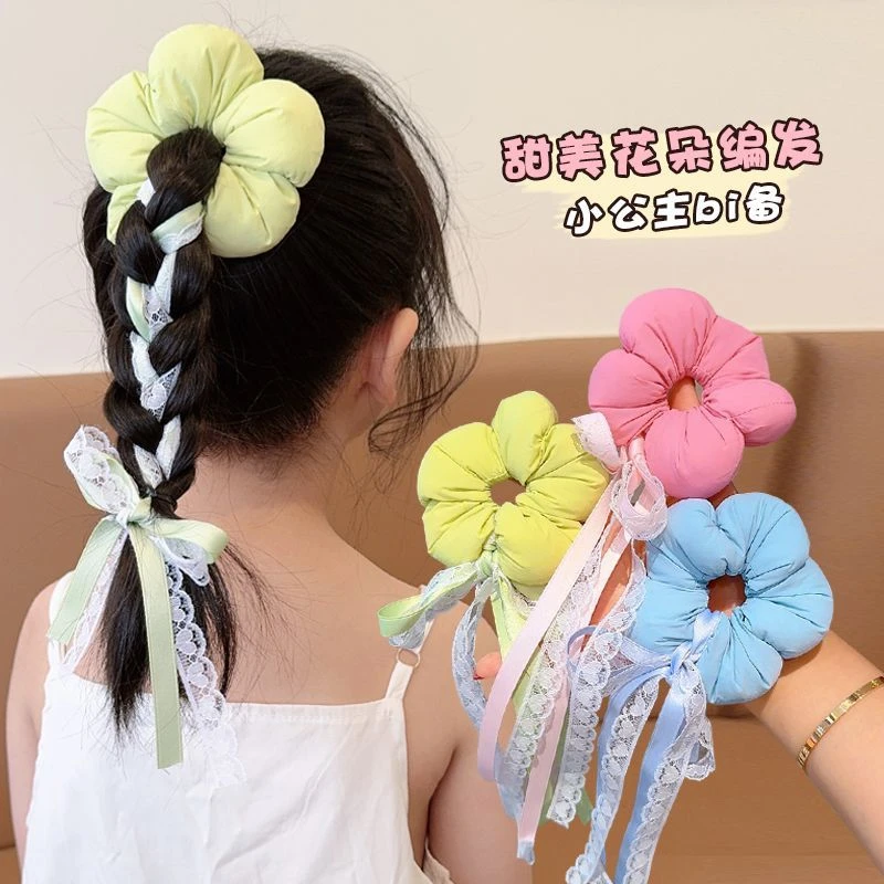 甜美韩系填充花朵飘带大肠发圈立体大号发绳女童头花儿童发饰Q