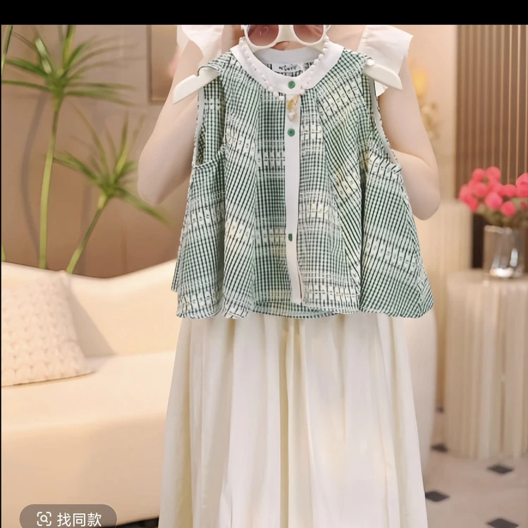 夏季休闲女童薄款套装格子透气裤子绿色上衣中大童日常