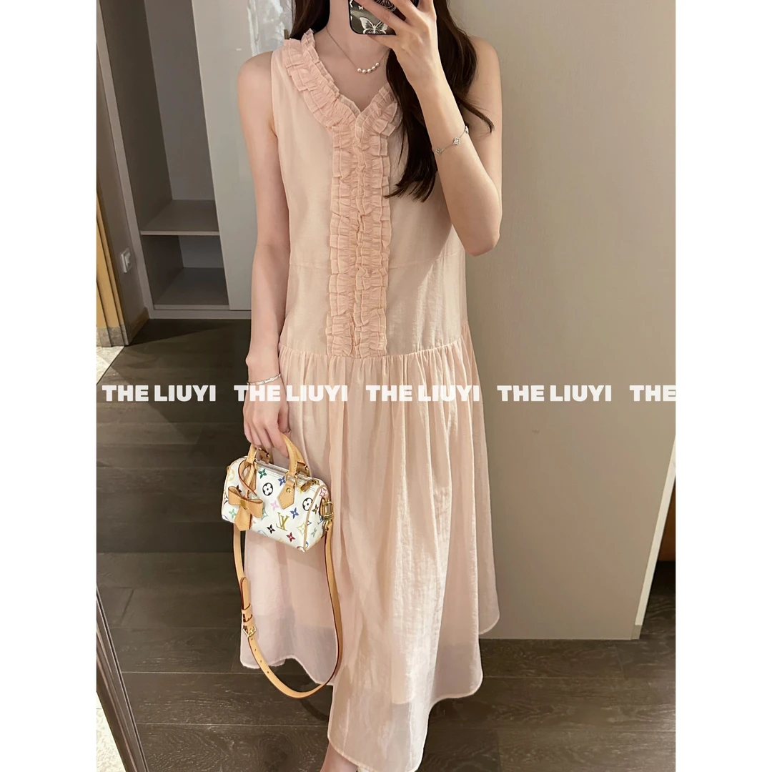 【LIUYI】芍药裙~法式温柔木耳边V领无袖连衣裙57171