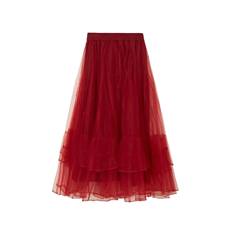 圣迪奥女士秋冬轻奢气质时尚百搭红色网纱半身裙S234Z1143