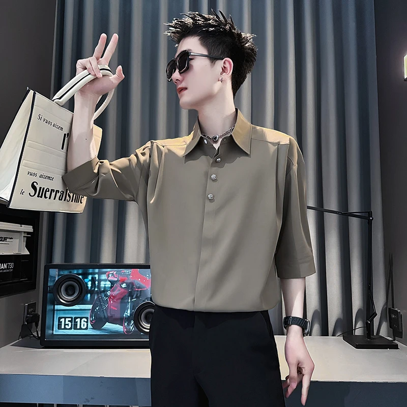 男士短袖衬衫夏季冰丝衣服2025新款7分袖上衣痞帅5分七分中袖衬衣