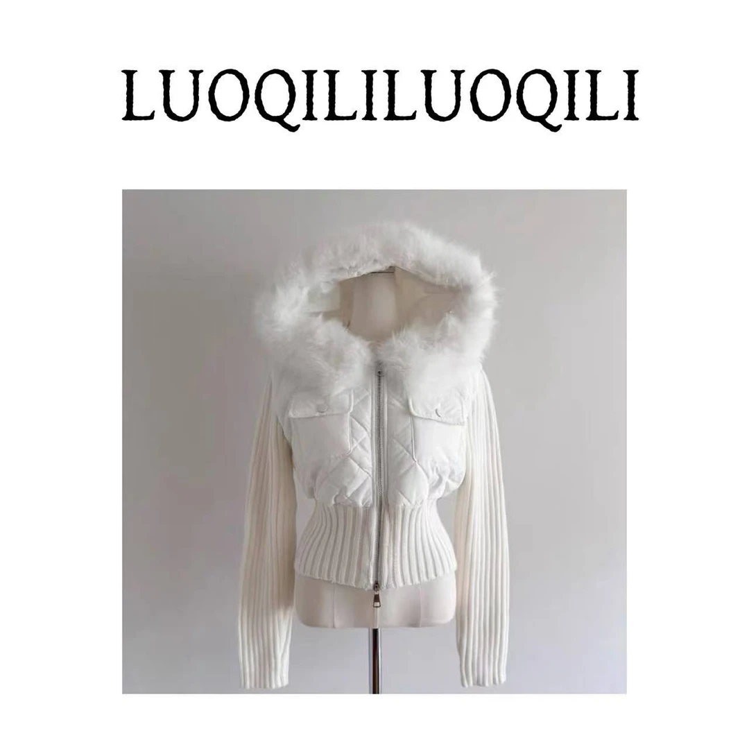 原宿风女白色冬季常规短外套轻奢连帽大毛领女装长袖