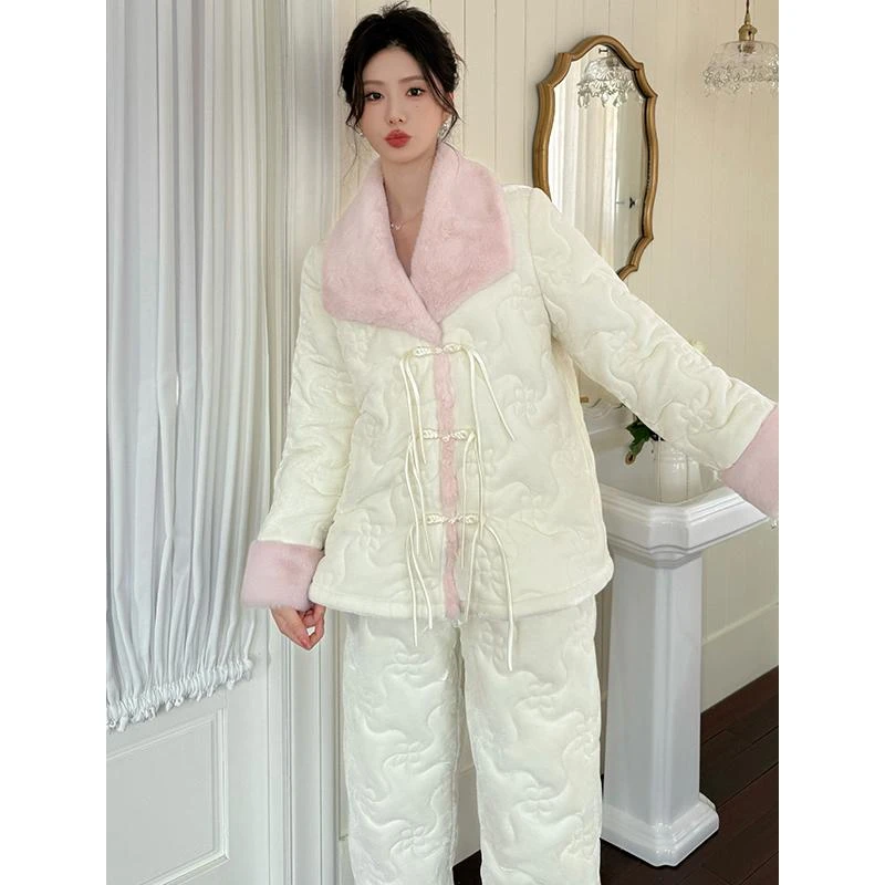 【知暖套装】中式三层秋冬季睡衣女国风2024新款可外穿家居服宽松