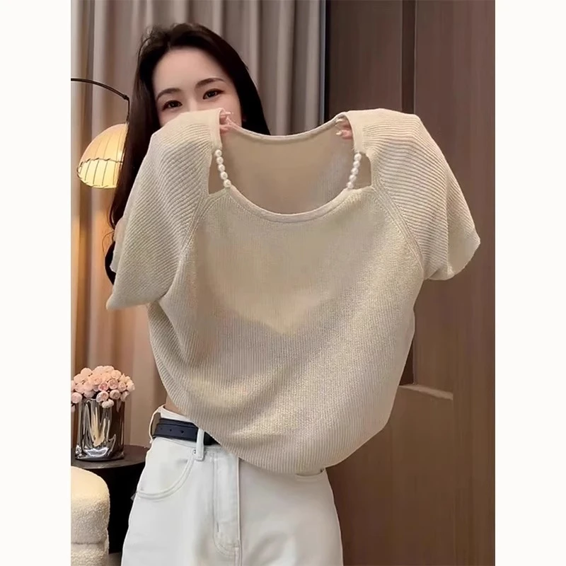 芯娇晴2025超火独特漂亮上衣设计感小众时尚杏色针织短袖T恤女夏