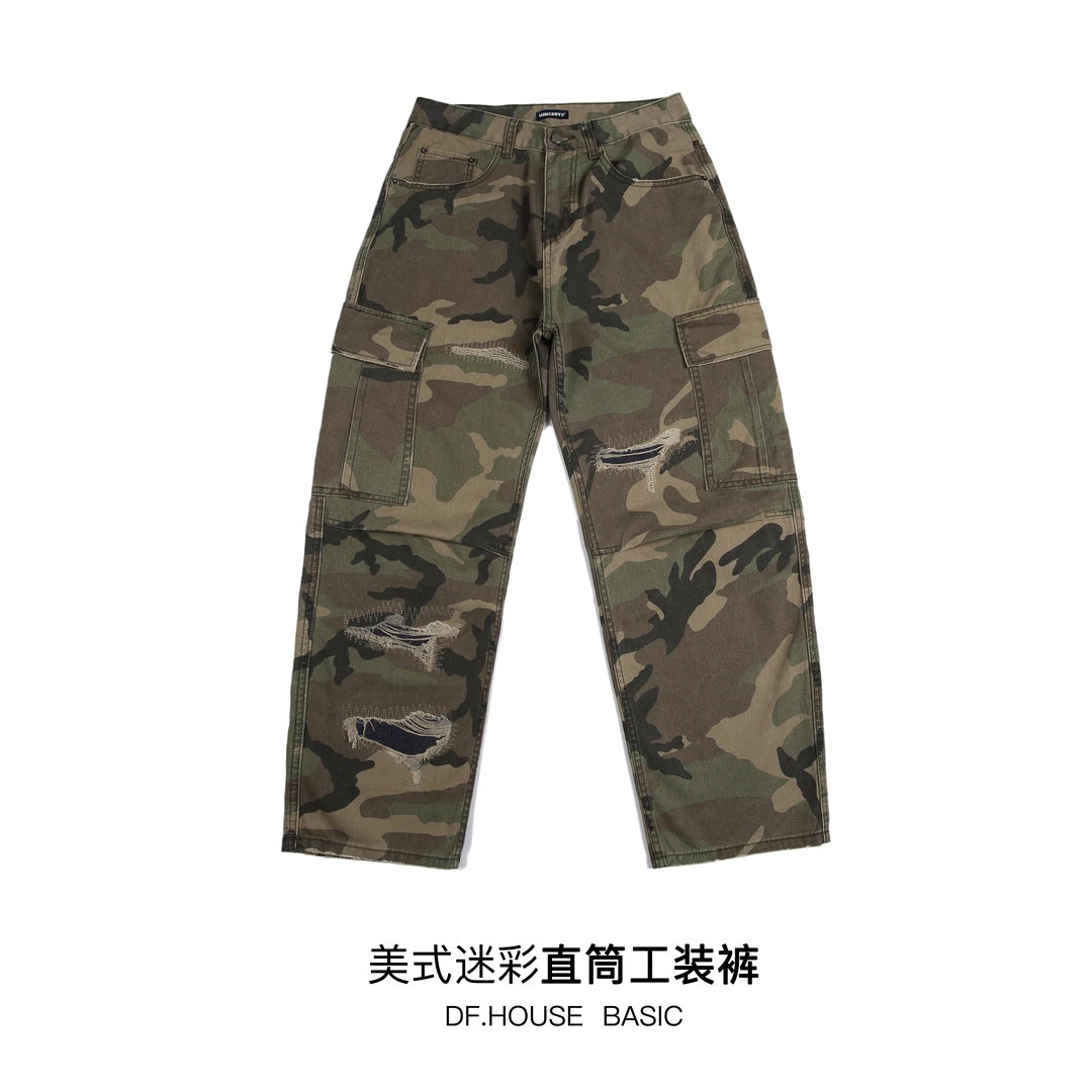 DF.house|美式男女绿迷彩工装裤男装耐磨直筒宽松秋冬