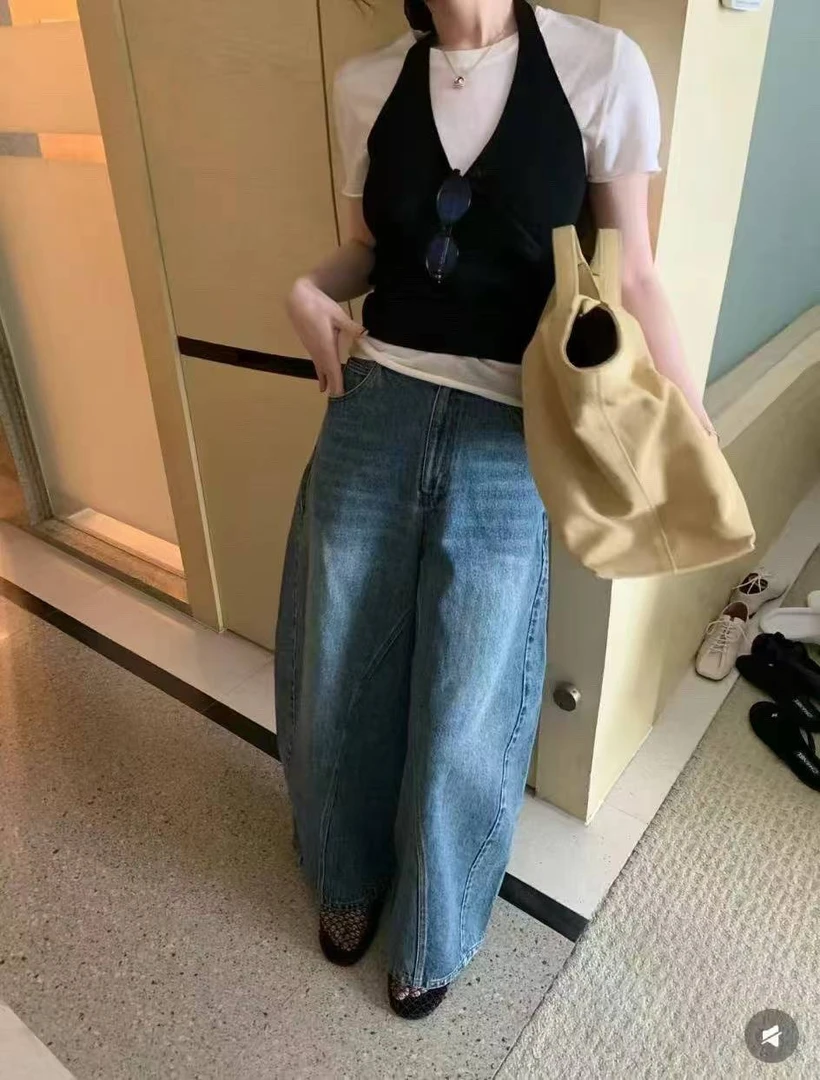 韩国2025春装新款复古宽松显瘦松驰感高腰阔腿休闲牛仔长裤弯刀裤