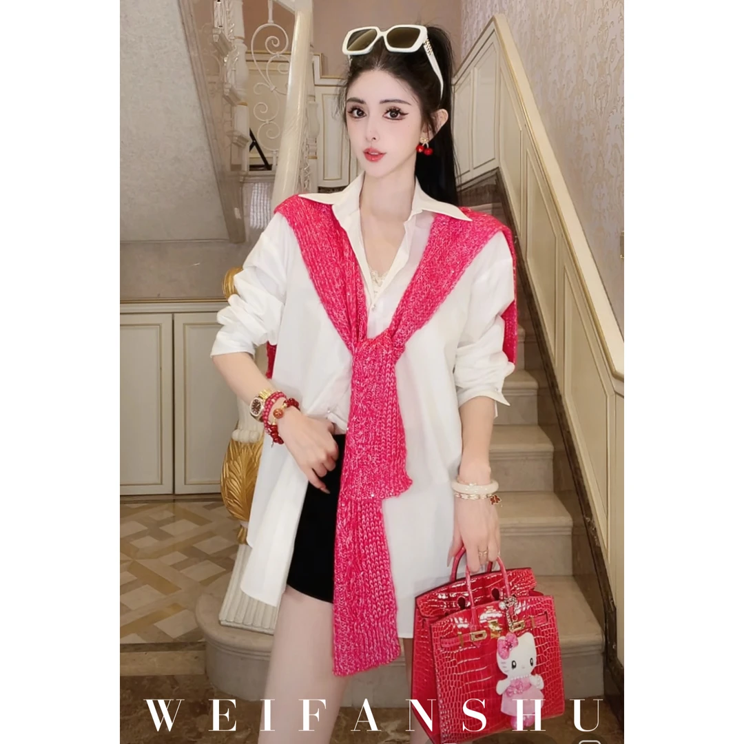 WEIFANSHU/魏凡舒【松弛周末】早秋新款慵懒风宽松披肩衬衫两件套