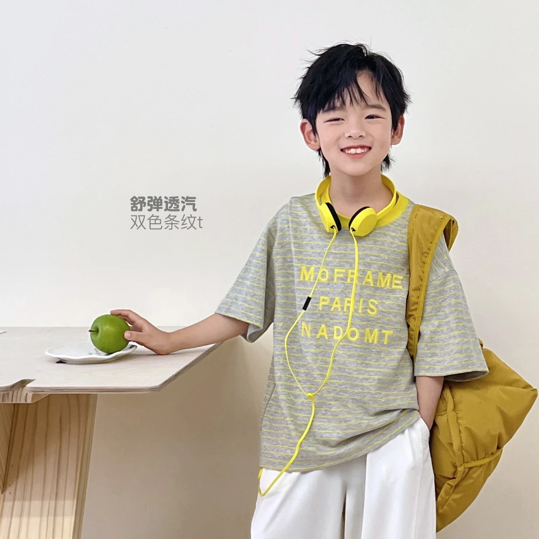 儿童短袖T恤条纹男童夏装撞色圆领上衣中大童童装洋气5059750O7