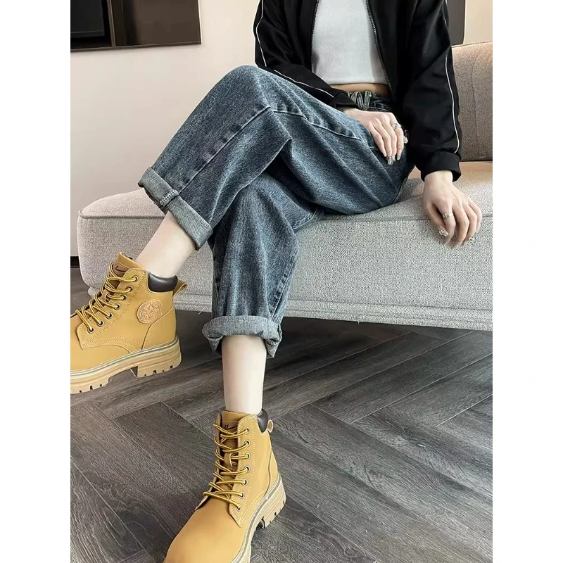 复古撞色牛仔裤女秋季新款宽松显瘦高腰梨形身材哈伦显瘦老爹裤子
