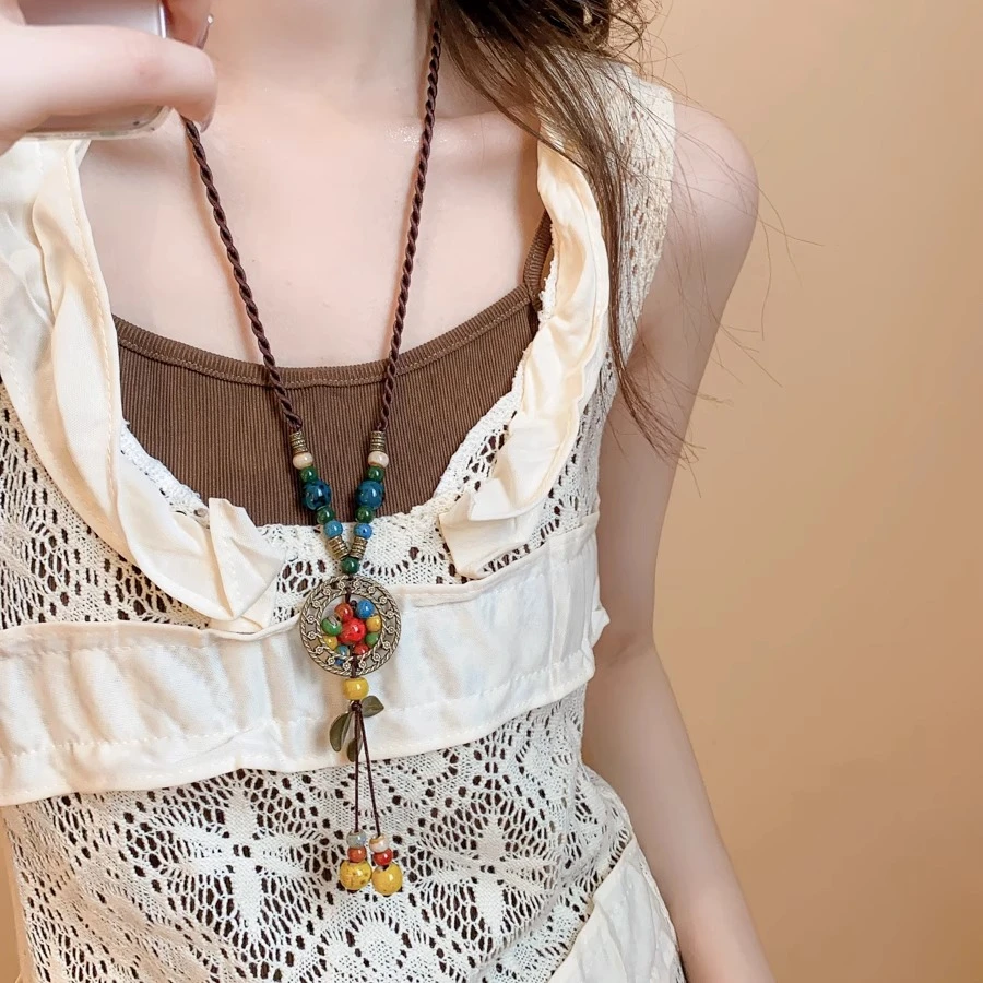 铜吊坠 中式民族风陶瓷长款编绳项链小众独特流苏挂脖配饰吊坠女