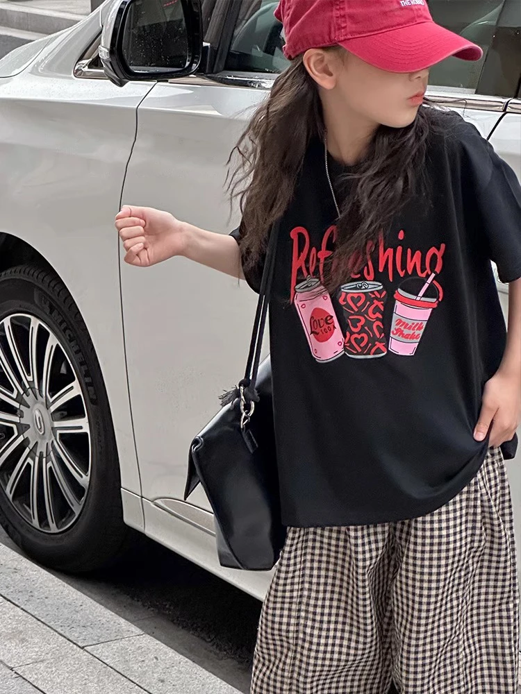 韩国童装女童短袖T恤儿童上衣2025夏装新款中大童体恤宽松黑色潮t