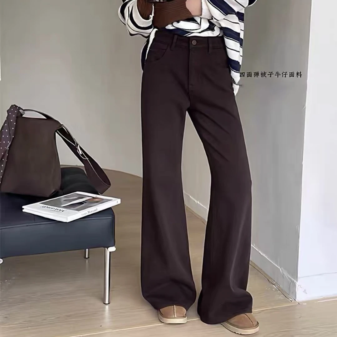 G392  代嘉咖色筒喇长裤冬季被子牛仔加绒欧货高腰牛仔裤女