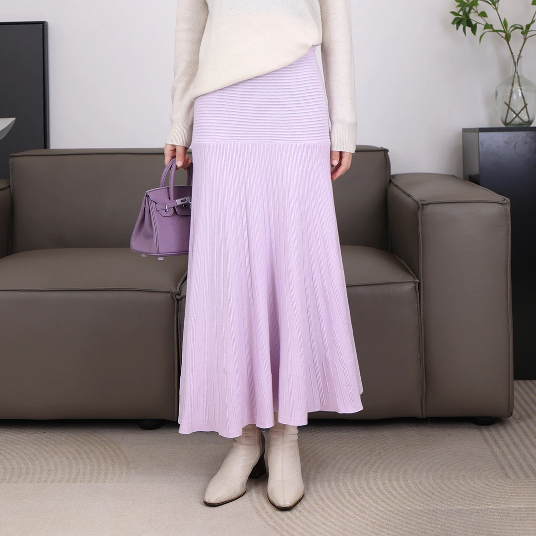 坑条纹针织半身裙2025冬季款气质显瘦松紧腰长裙百搭鱼尾裙 21670