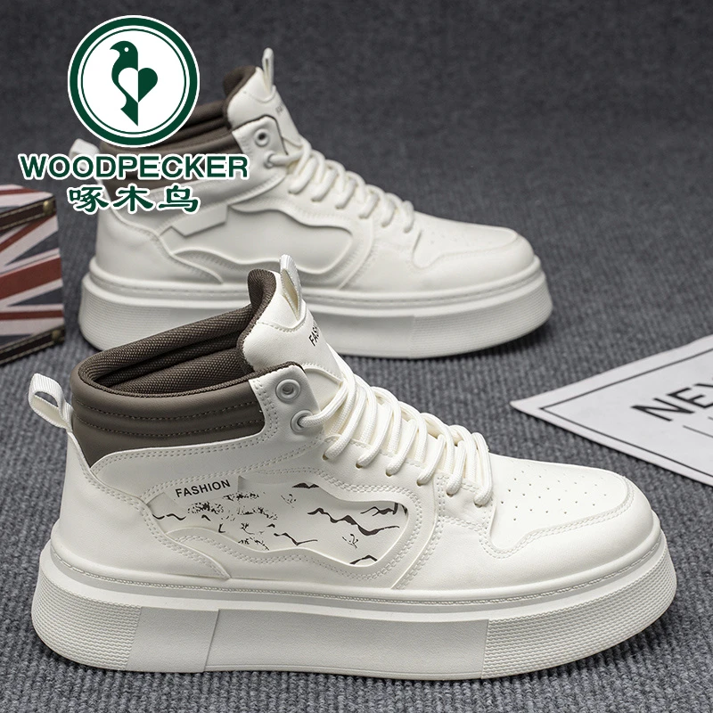 【啄木鸟正品】秋季男鞋2025新款高帮小白鞋子男款短靴休闲板鞋皮面