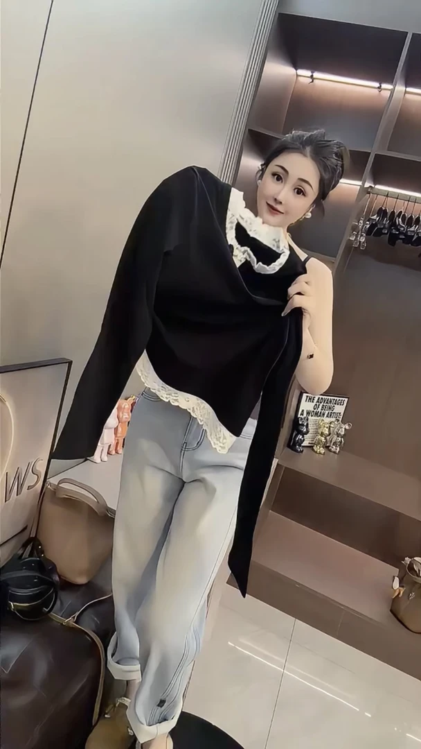 法式设计感蕾丝拼接假两件长袖T恤女百搭修身显瘦打底衫洋气上衣