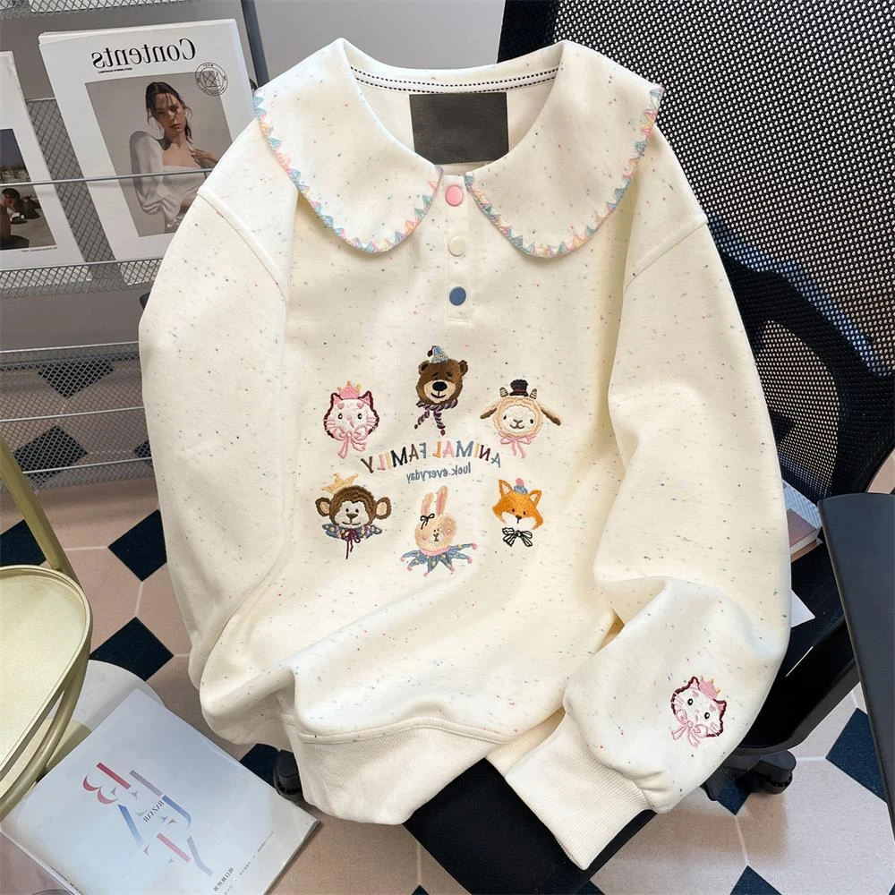 韩版2025爆款减龄可爱卡通刺绣卫衣男女秋独特别致彩点娃娃领上衣