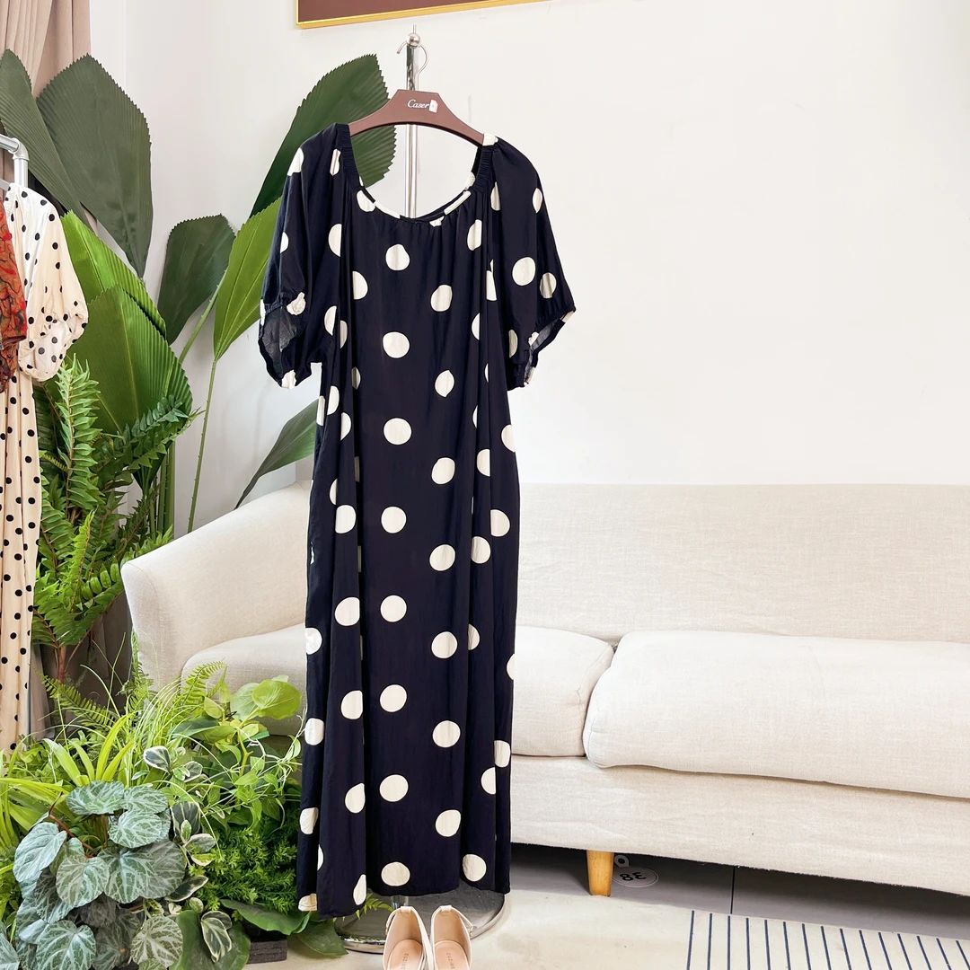 黑色大波点大码女装时尚宽松连衣裙棉绸人造绵裙子100-230斤