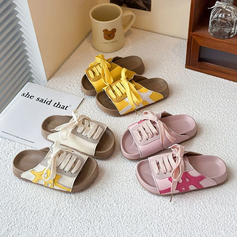 夏季新款网红厚底拼色凉拖女童休闲百搭外穿露趾软底中大童半拖鞋