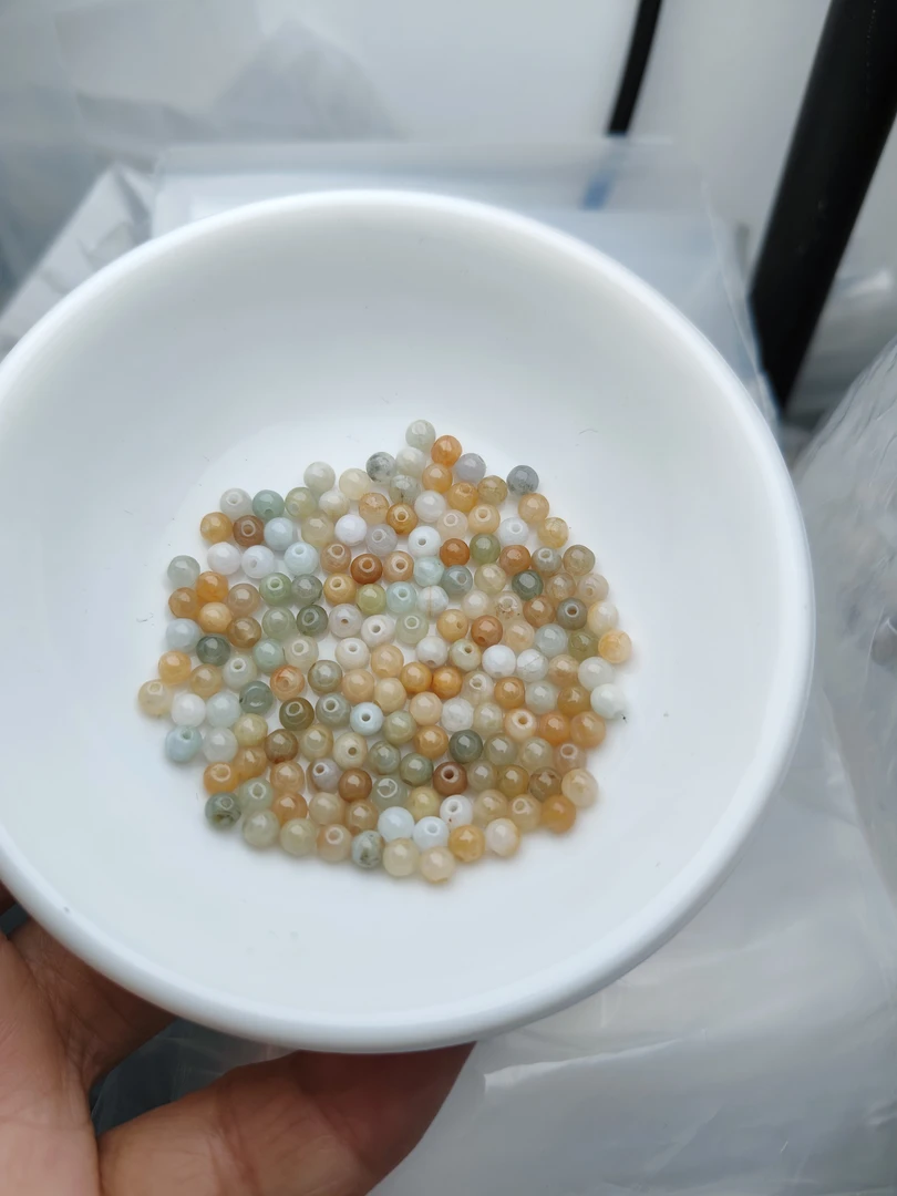 天然翡翠a货，冰黄多宝.0380.尺寸约3.8mm.散珠100颗=28手工编织