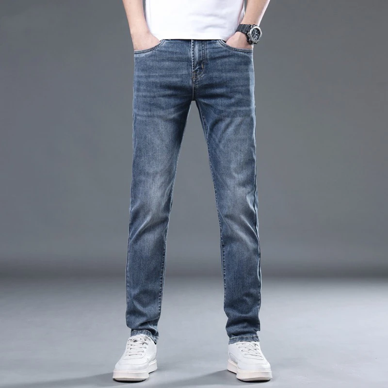 经典简约男士牛仔裤夏季薄款高端潮牌百搭弹力修身直筒休闲长裤子
