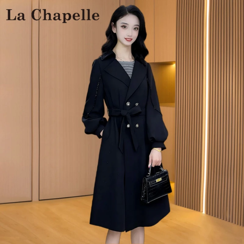 【拉夏】黑色高档杭州意法风衣外套女士2025早秋新款爆款上档次上衣