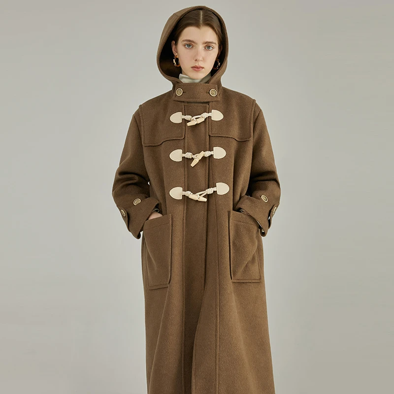 范洛 学院风连帽牛角扣毛呢大衣加厚中长呢外套FC19W140推广1