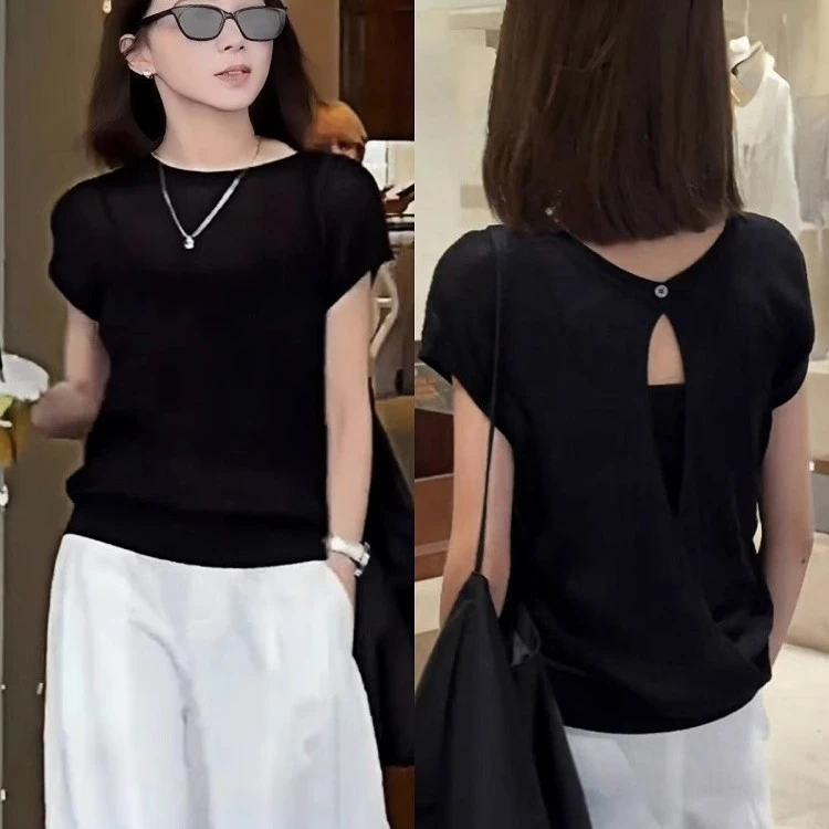简约后背镂空短袖针织衫T恤女2025黑色时尚设计宽松百搭上衣