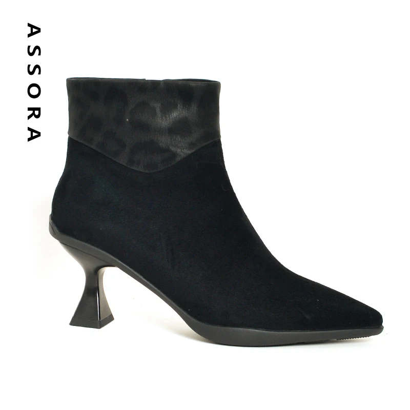 断码35.36.39厚底5厘米羊皮尖头豹纹洋气粗跟真皮冬季新品短靴女