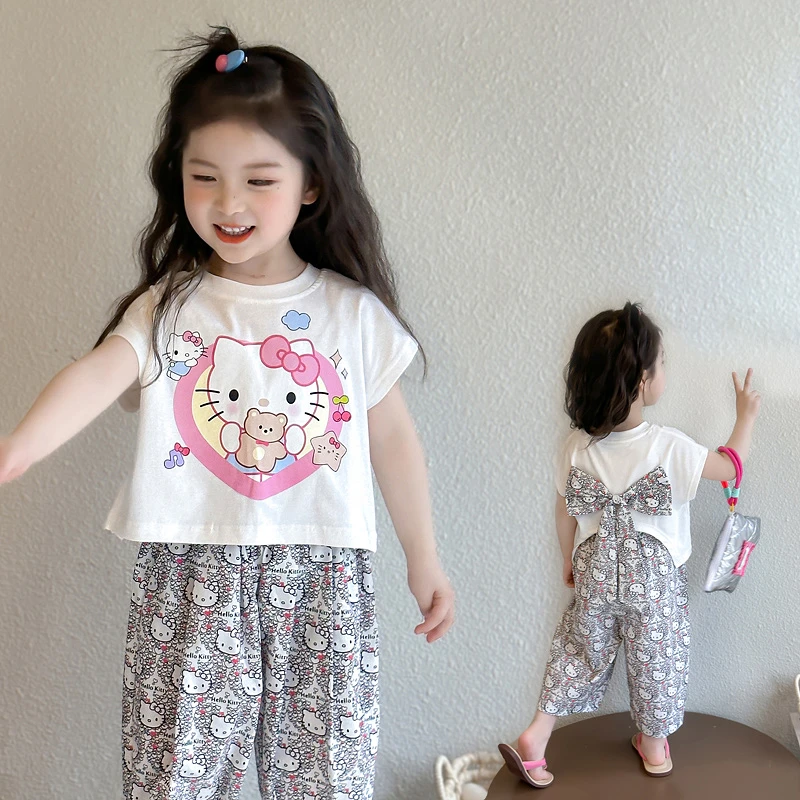 女童夏季短袖套装2025新款儿童KT猫阔腿裤时髦两件套宝宝夏季衣服