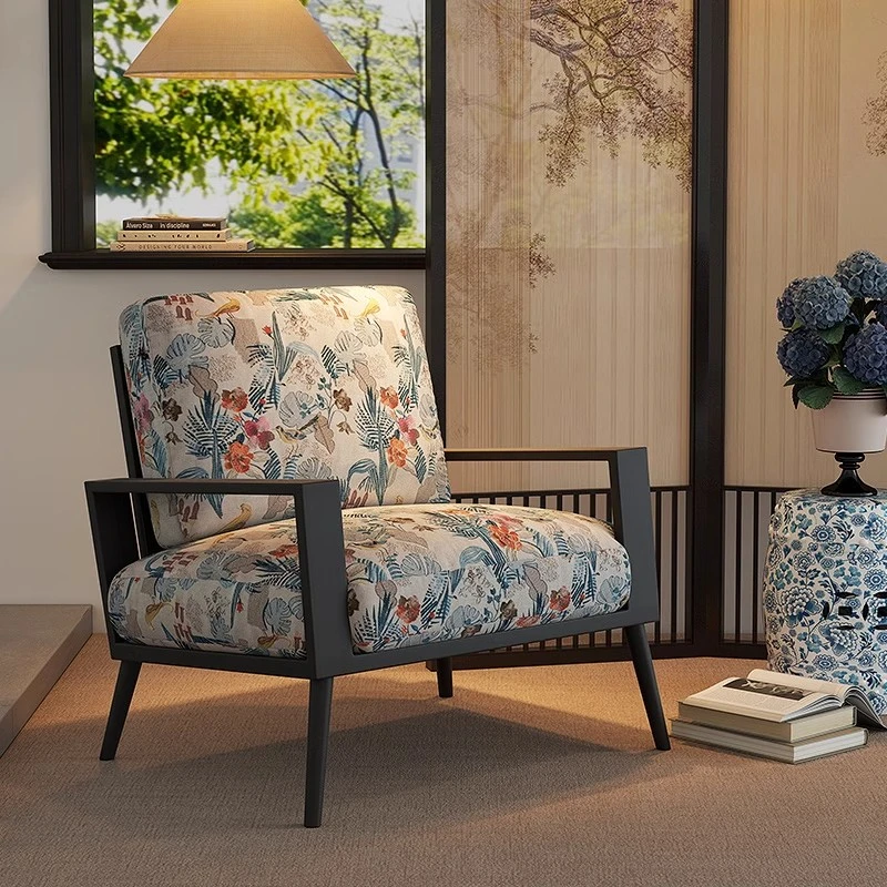 法思丹绣春沙发椅新中式单人沙发椅客厅复古实木休闲椅民宿靠背椅