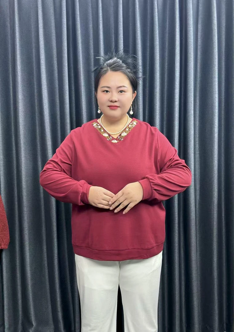 100-230斤特大码春秋款套头宽松型T恤长袖绣花V领减龄显瘦卫衣女
