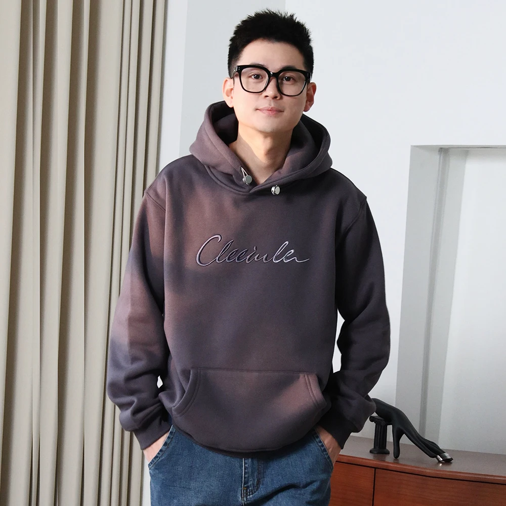 420g重磅美粒绒加绒外套男冬季宽松套头刺绣加绒加厚连帽卫衣男士