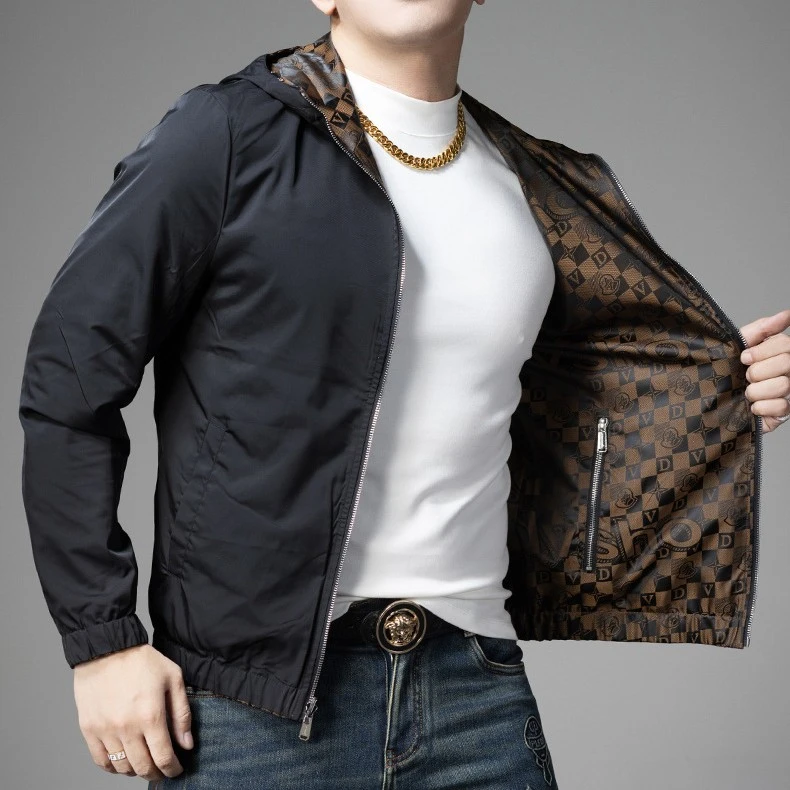 欧若风正反两穿连帽原色潮流夹克春秋外套休闲时尚男士宽松男装