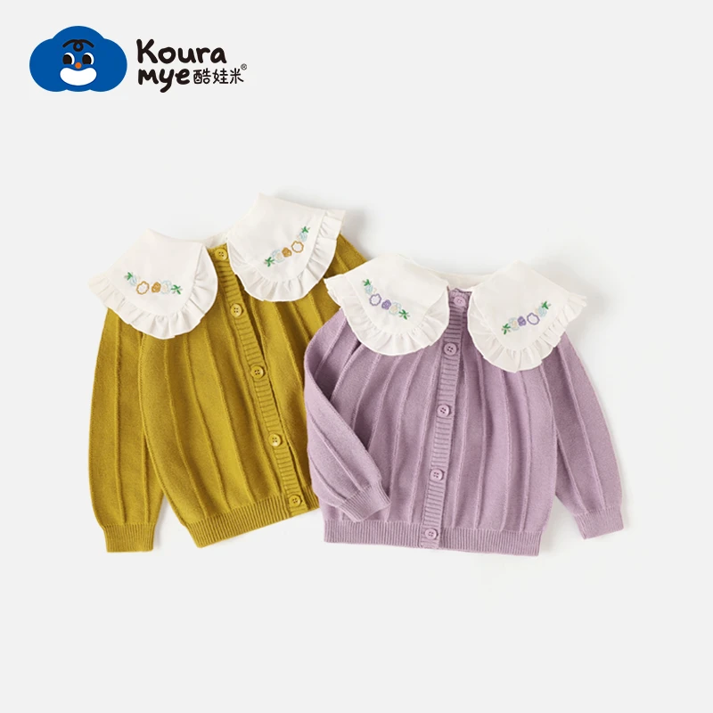 酷娃米新款女宝宝洋气针织开衫假两件刺绣花边领中小儿童毛衣4468