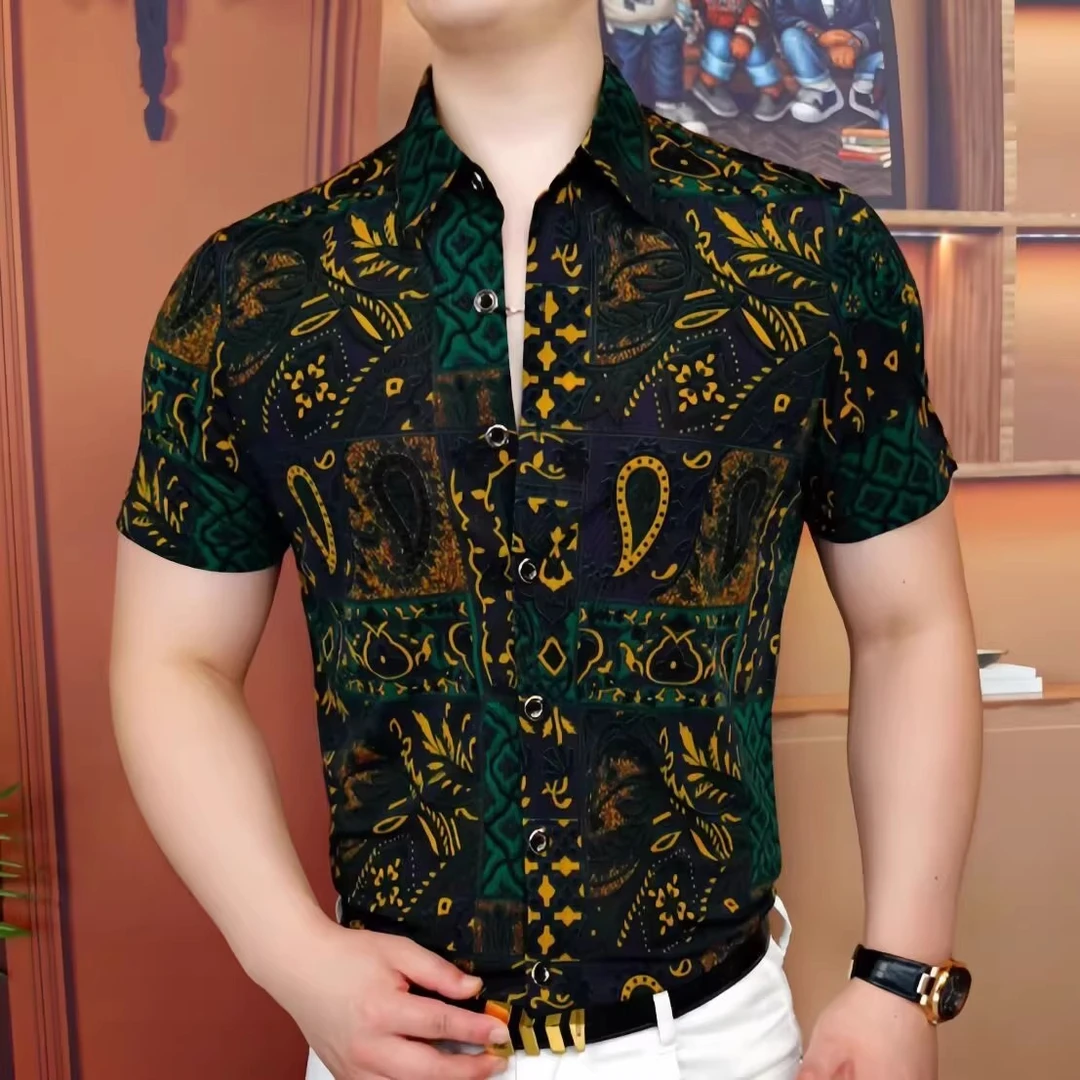 基密雷昂夏季帅气潮流男士短袖衬衫商务时尚休闲百搭修身翻领上衣