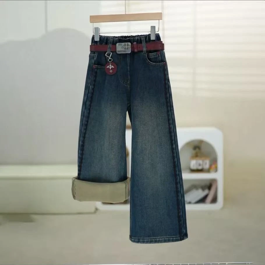 女童2025加绒牛仔裤冬款新款侧边线条直通裤阔腿裤中大童裤子