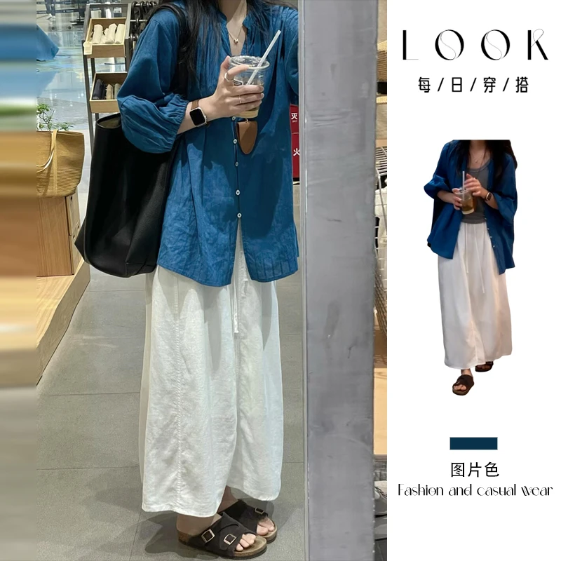 慵懒风蓝色V防晒衬衫女早秋宽松休闲显瘦薄款衬衣高级感气质上衣