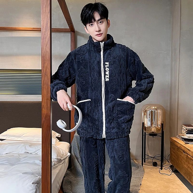 男士秋冬长袖开衫舒适加绒家居服套装14431