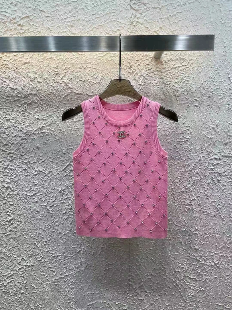 重工镶钻无袖针织背心女圆领设计感辣妹上衣女法式无袖背心气质