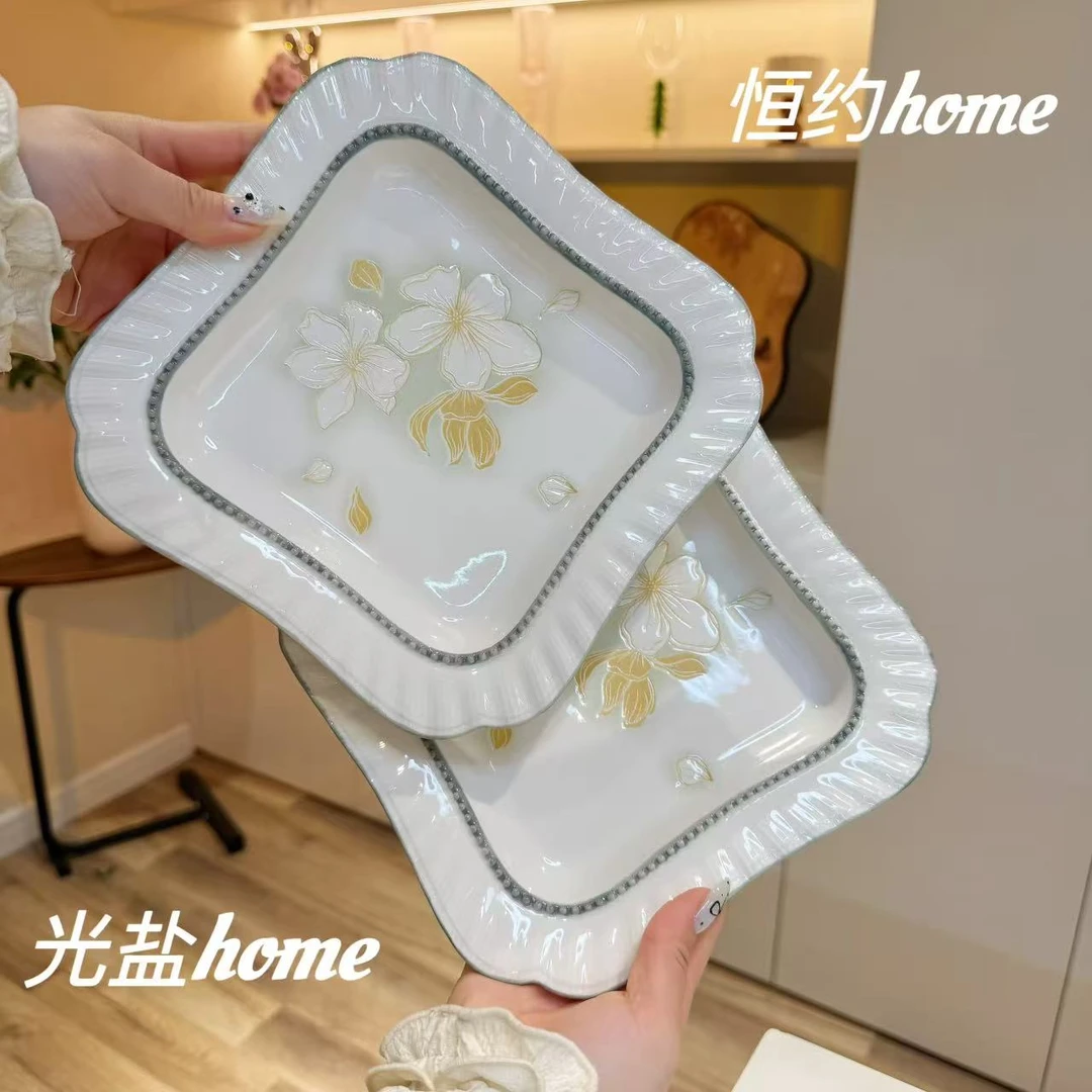 黄金叶盘子菜盘家用深盘2025新款菜碟陶瓷碗盘高级感碟子餐具套装