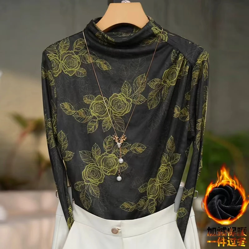 652#印花长袖常规款半高领打底衫蕾丝小衫衬衣修身拼接