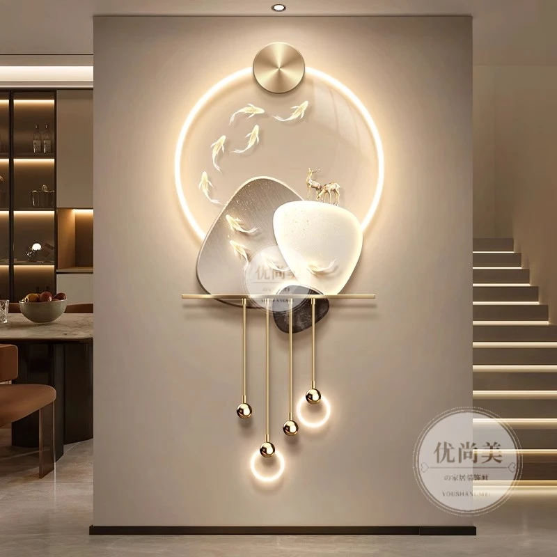 石来运转玄关装饰画轻奢高级感走廊过道挂画立体九鱼图入户壁画灯